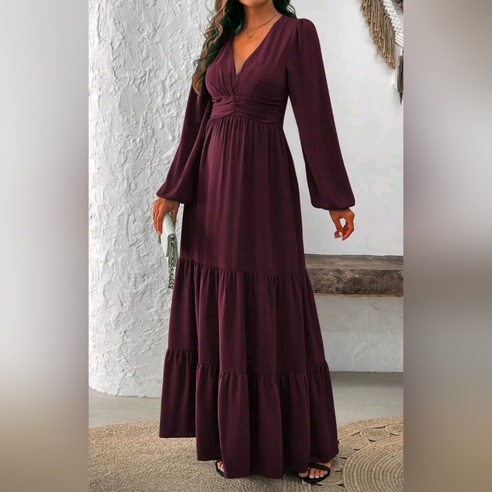 New Flowy Ruched Waist Long Sleeve Tiered Maxi Dress Burgundy Red Sangria